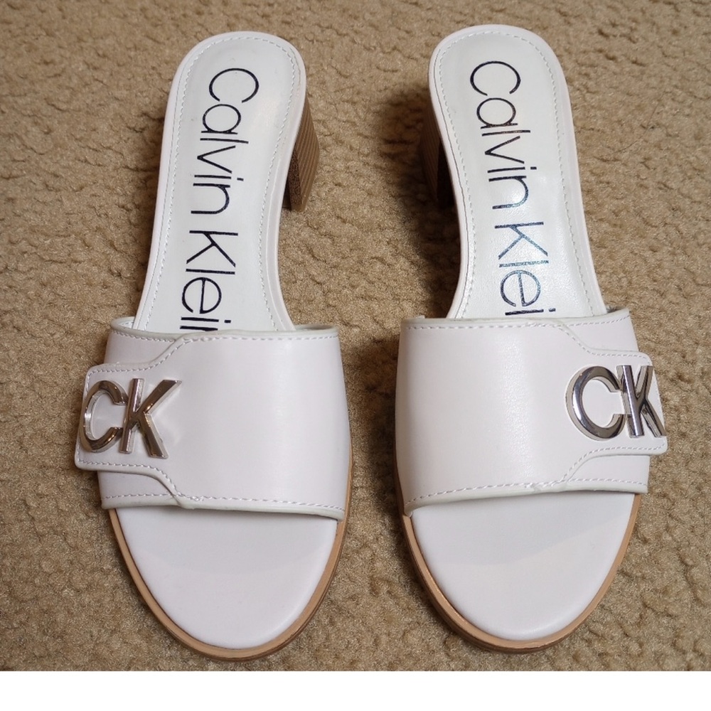 Calvin Klein White Mules with Silver Accents